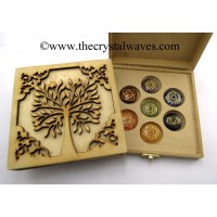 Tree Of Life Engraved Wooden Box With Gemstone Cabochon Engraved Chakra Set 